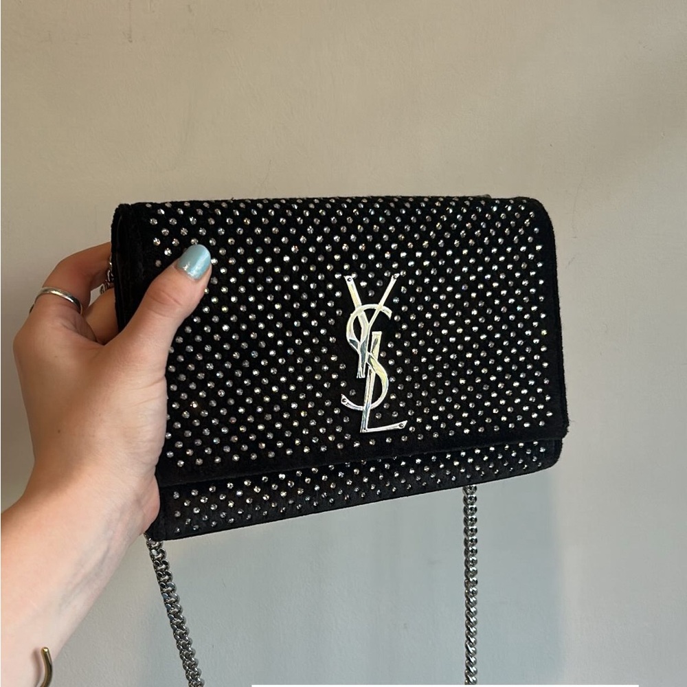 Saint Laurent Black Velvet Crossbody Bag with Crystal Accents